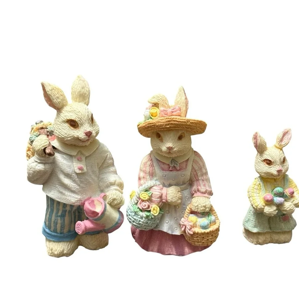 Vintage Easter Village Set 7Pc Bunny & Lighted Tree House Light Works